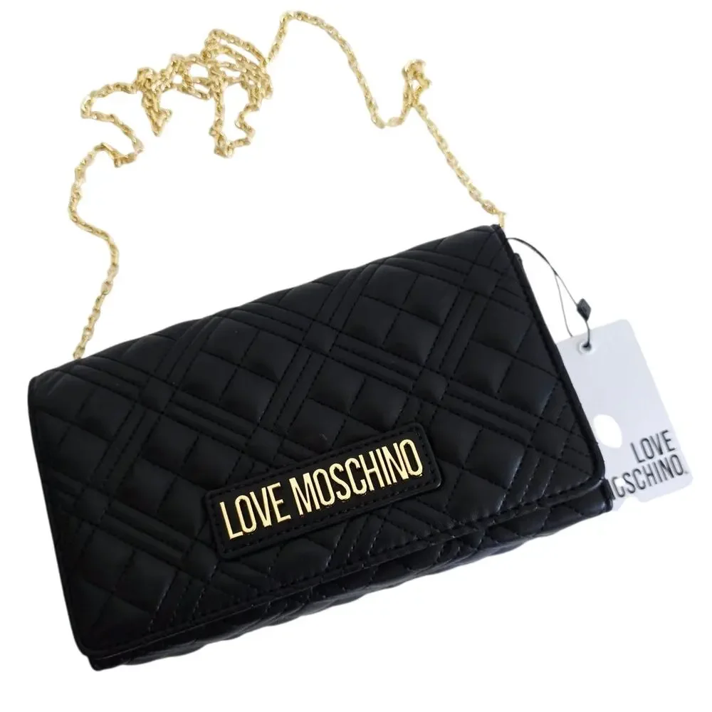 Love Moschino Black & Gold Quilted Faux Leather Clutch Crossbody Bag Chain Strap